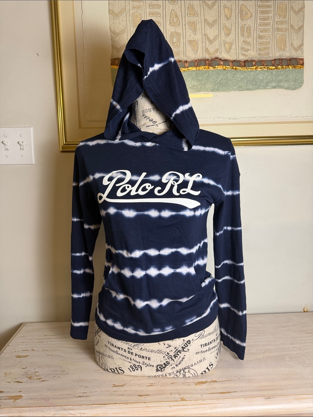 Polo by Ralph Lauren Navy and White Tie-Dye Hooded Long Sleeve Top